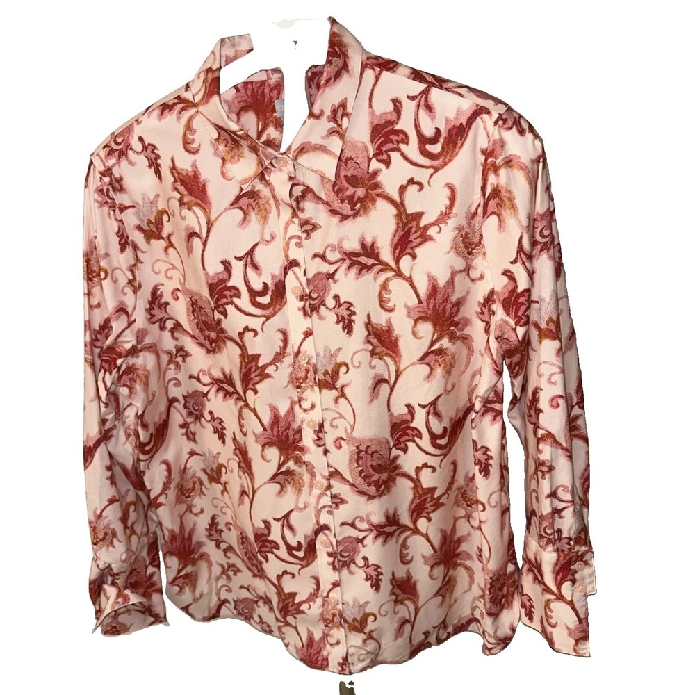 Chico Women's Sz 3 No-iron Stretch Classic Shirt Pink Red Long Sleeves AdjCuffs